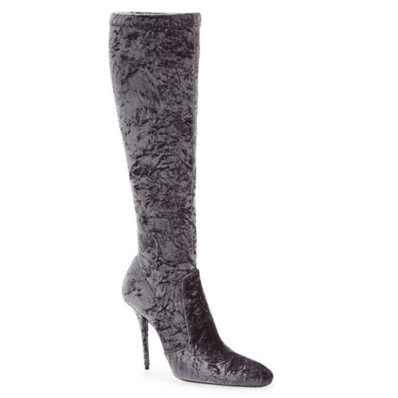 NWOT Saint Laurent Ella Velvet Almond Toe Stilettos Knee-High Boots Gray 37.5 /7 - Picture 1 of 9